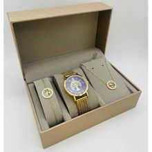 Coffret taupe : montre ronde dorée à motif arbre de vie + bijoux en acier