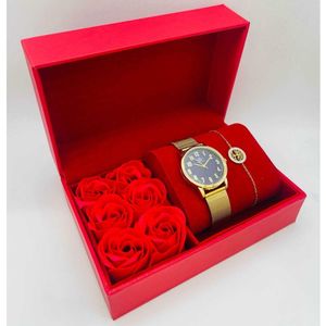 Coffret rouge avec roses : montre cerclée à lanière dorée + bijoux en acier