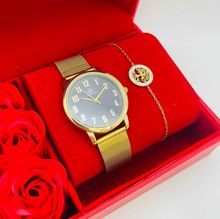 Coffret rouge avec roses : montre cerclée à lanière dorée + bijoux en acier