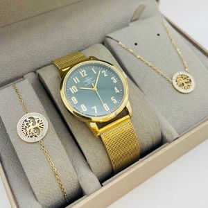 Coffret taupe : montre cerclée à lanière dorée + bijoux en acier