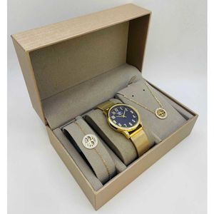 Coffret taupe : montre cerclée à lanière dorée + bijoux en acier