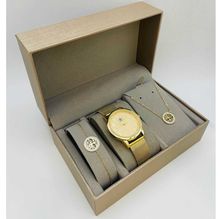 Coffret taupe : montre cerclée à lanière dorée + bijoux en acier