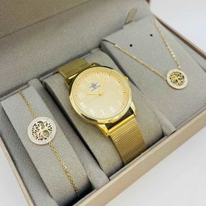Coffret taupe : montre cerclée à lanière dorée + bijoux en acier