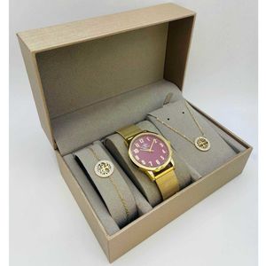 Coffret taupe : montre cerclée à lanière dorée + bijoux en acier