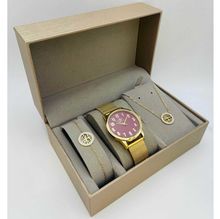 Coffret taupe : montre cerclée à lanière dorée + bijoux en acier