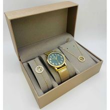 Coffret taupe : montre cerclée à lanière dorée + bijoux en acier