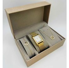 coffret taupe d'une montre à chiffres romains dorée + bijoux en acier