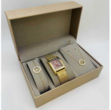 coffret taupe d'une montre à chiffres romains dorée + bijoux en acier