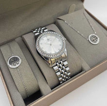 Coffret taupe : montre arrondie sertis de strass argentée + bijoux en acier