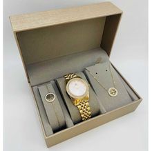 Coffret taupe : montre arrondie sertis de strass  doré + bijoux en acier