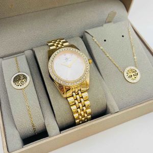 Coffret taupe : montre arrondie sertis de strass  doré + bijoux en acier