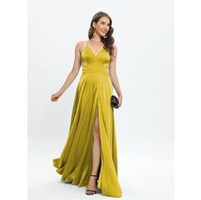 Robe longue de cérémonie satinée à bretelles fines avec fente