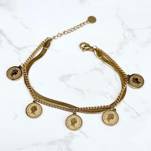 Bracelet doré à double rang avec breloques : "Elizabeth II Australia 1988", "Dos Pesos 1988"