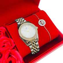 Coffret rouge : montre arrondie sertis de strass en métal argenté et doré + bracelet en acier