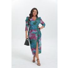 Robe drapée imprimée abstrait tie & dye à manches trois quarts en grande taille