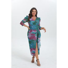 Robe drapée imprimée abstrait tie & dye à manches trois quarts en grande taille