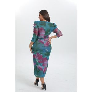 Robe drapée imprimée abstrait tie & dye à manches trois quarts en grande taille