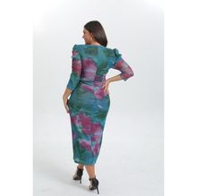 Robe drapée imprimée abstrait tie & dye à manches trois quarts en grande taille