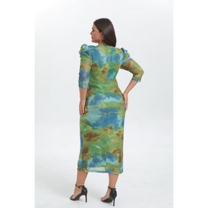 Robe drapée imprimée abstrait tie & dye à manches trois quarts en grande taille