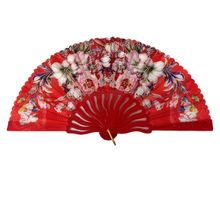 Éventail à main motif floral multicolores recouvre le tissu avec manche en plastique