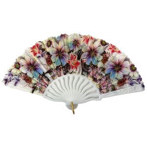 Éventail à main motif floral multicolores recouvre le tissu avec manche en plastique