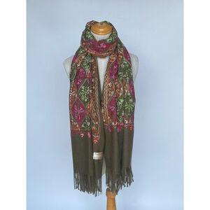 Écharpe épaisse à franges avec broderies florales multicolores
