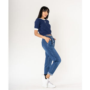 Jeans en coton à taille haute et élastiquée avec double cordon