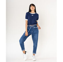 Jeans en coton à taille haute et élastiquée avec double cordon