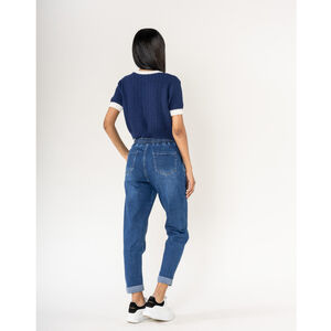 Jeans en coton à taille haute et élastiquée avec double cordon