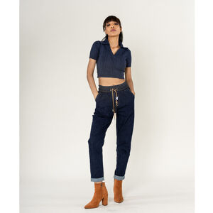 Jeans en coton à taille haute et élastiquée avec double cordon