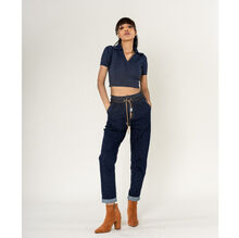 Jeans en coton à taille haute et élastiquée avec double cordon