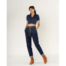 Jeans en coton à taille haute et élastiquée avec double cordon