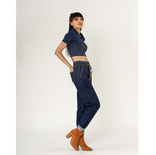 Jeans en coton à taille haute et élastiquée avec double cordon