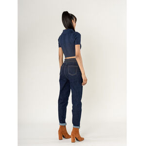 Jeans en coton à taille haute et élastiquée avec double cordon