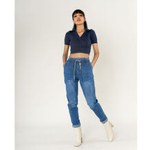 Jeans en coton à taille haute et élastiquée avec double cordon