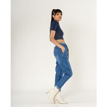 Jeans en coton à taille haute et élastiquée avec double cordon