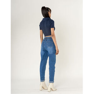 Jeans en coton à taille haute et élastiquée avec double cordon