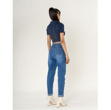 Jeans en coton à taille haute et élastiquée avec double cordon