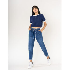Jeans en coton à taille haute et élastiquée avec double cordon