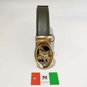 Ceinture automatique en cuir de vachette kaki à boucle ovale dorée aigle