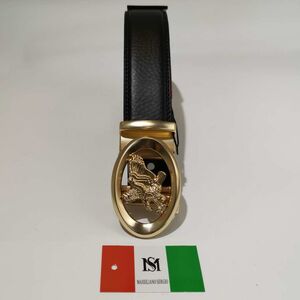 Ceinture automatique en cuir de vachette noir à boucle ovale dorée aigle