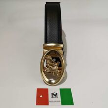 Ceinture automatique en cuir de vachette noir à boucle ovale dorée aigle