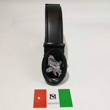 Ceinture automatique en cuir de vachette à boucle ovale noir aigle argenté