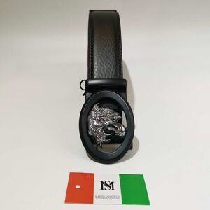 Ceinture automatique en cuir de vachette à boucle ovale noir tête de tigre argenté