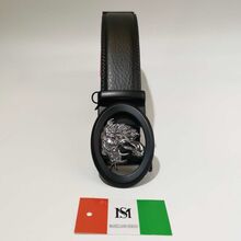 Ceinture automatique en cuir de vachette à boucle ovale noir tête de tigre argenté