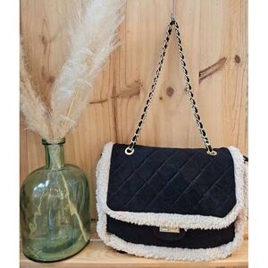 Sac bandoulière matelassé en suédine uni avec bordure moumoutée