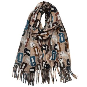 Écharpe chaude à imprimé chat ornée de franges fines - 3 pièces