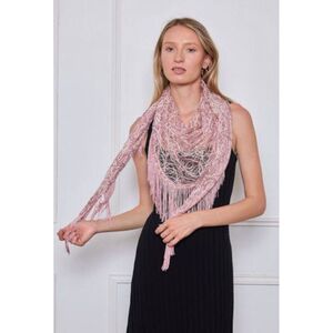 Grand foulard triangle bicolore motif en dentelle à longues franges - 3 pièces