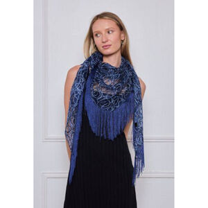 Grand foulard triangle bicolore motif en dentelle à longues franges - 3 pièces