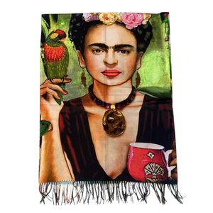 Écharpe réversible à l’effigie de Frida Kahlo bordée de franges